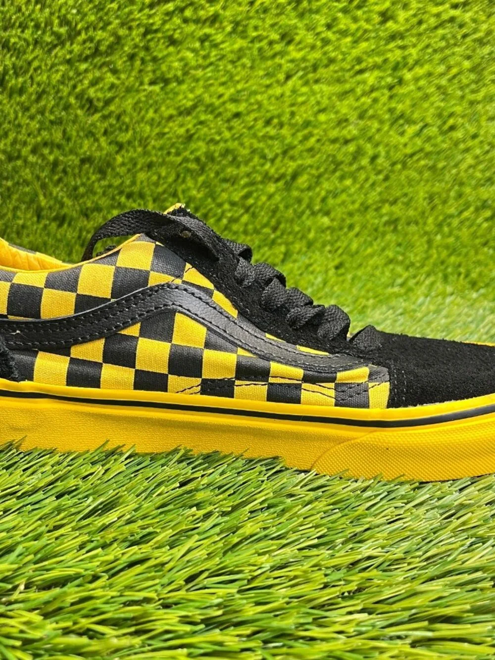 Vans Old Skool Chex Womens Size 6.5 Black Yellow Athletic Skate Shoes Sneakers